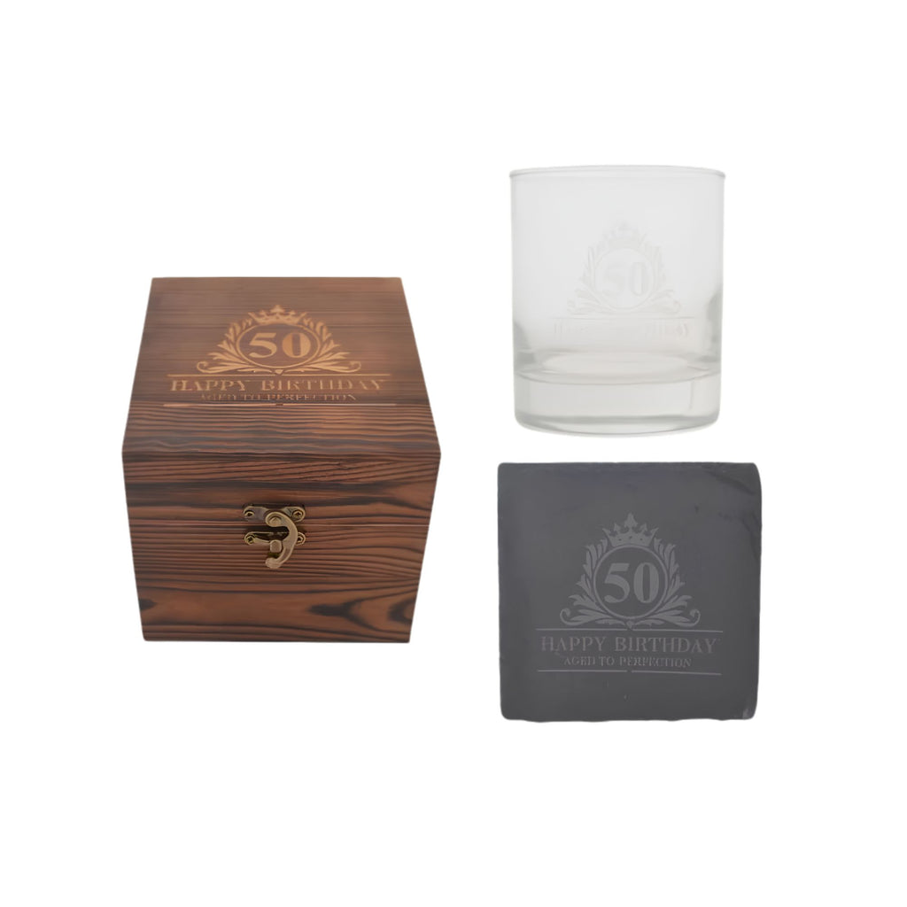 50th Birthday glass, coaster front view