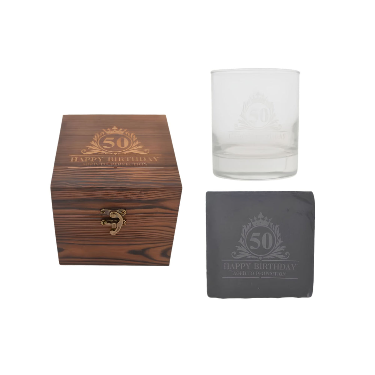 50th Birthday glass, coaster front view