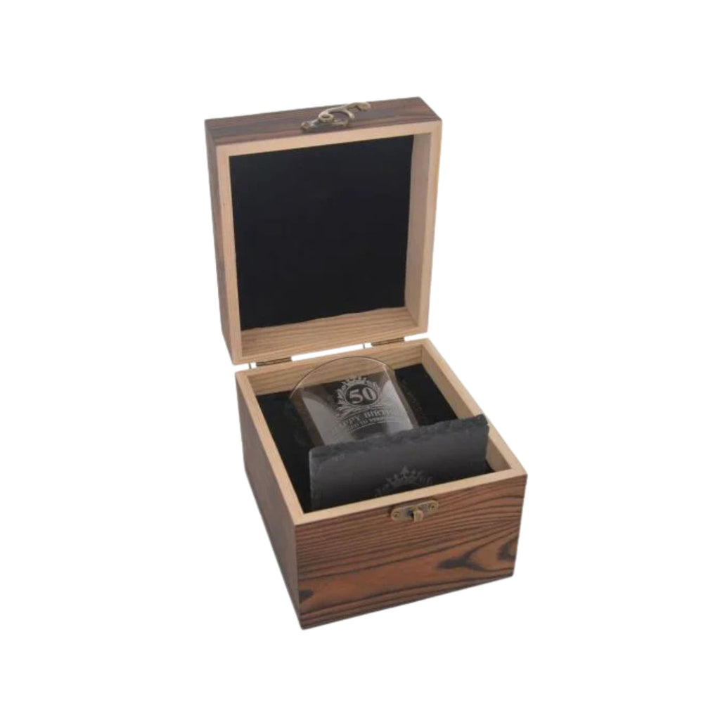 50th Happy Birthday glass, wooden gift box and slate coaster set