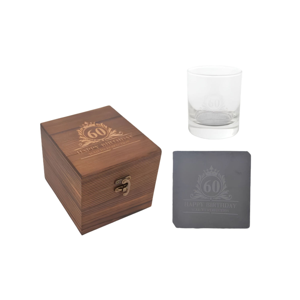 60th Happy Birthday glass, wooden gift box and slate