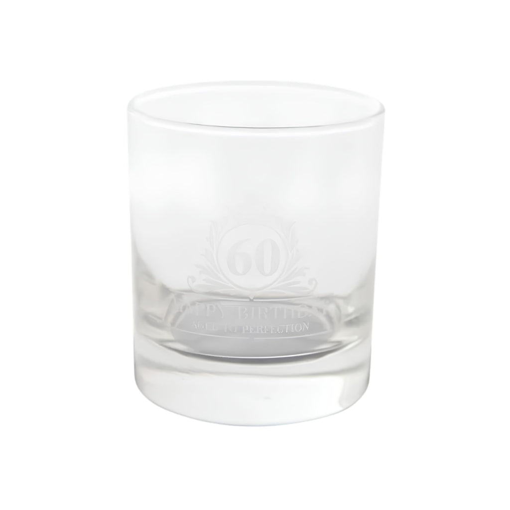 60th Happy Birthday glass, front view