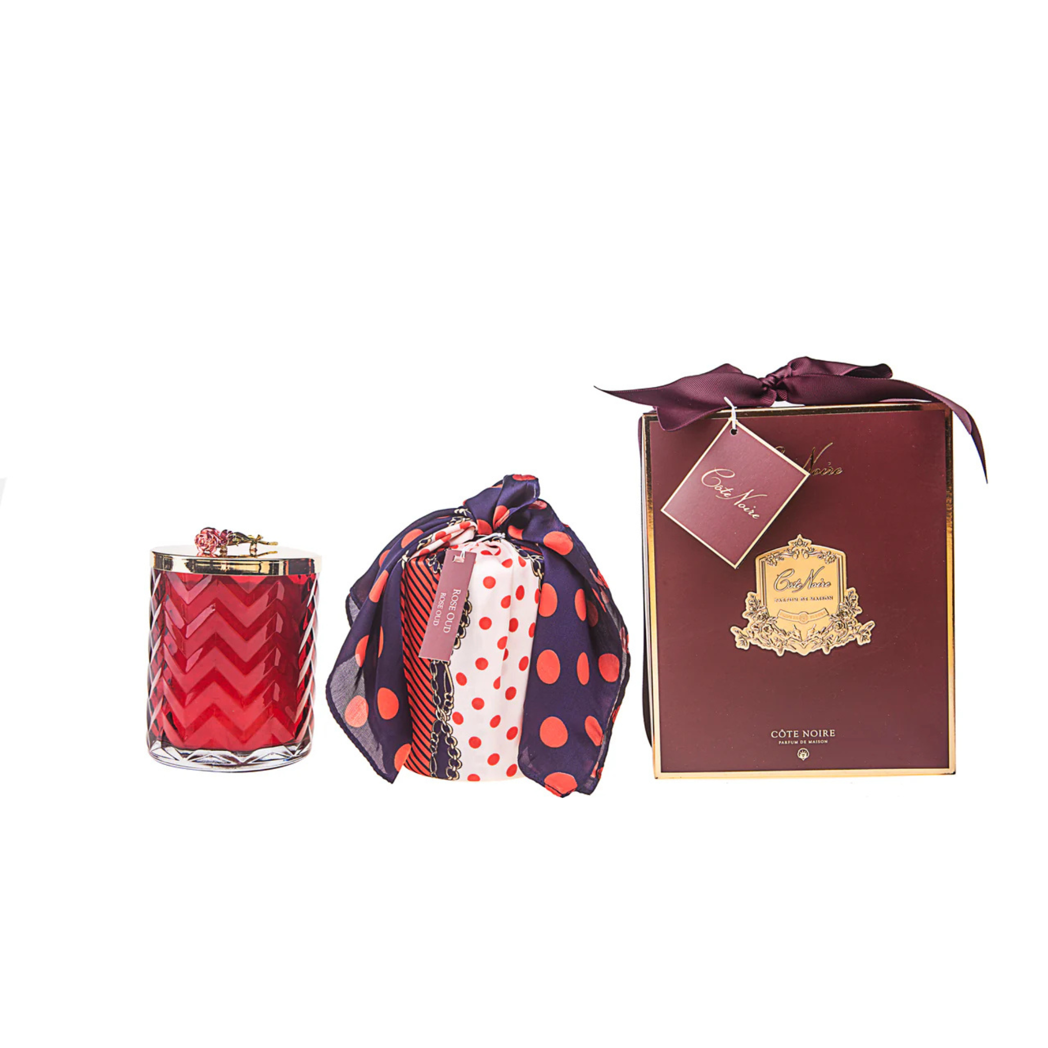 Herringbone candle & Scarf <br>Red & Gold - Rose Oud <br> Red Rose Brooch <br>  HCG07