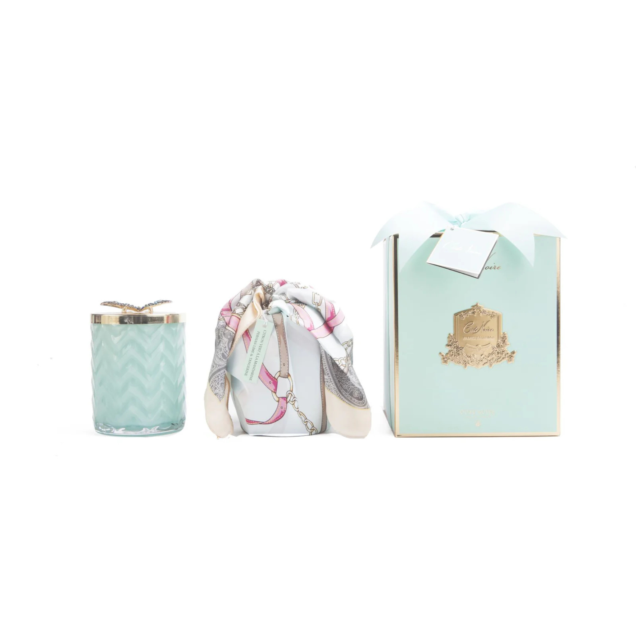 Herringbone Candle & Scarf <br> Tiffany Blue & Gold -  Persian Lime<br> Butterfly Brooch<br> HCG51