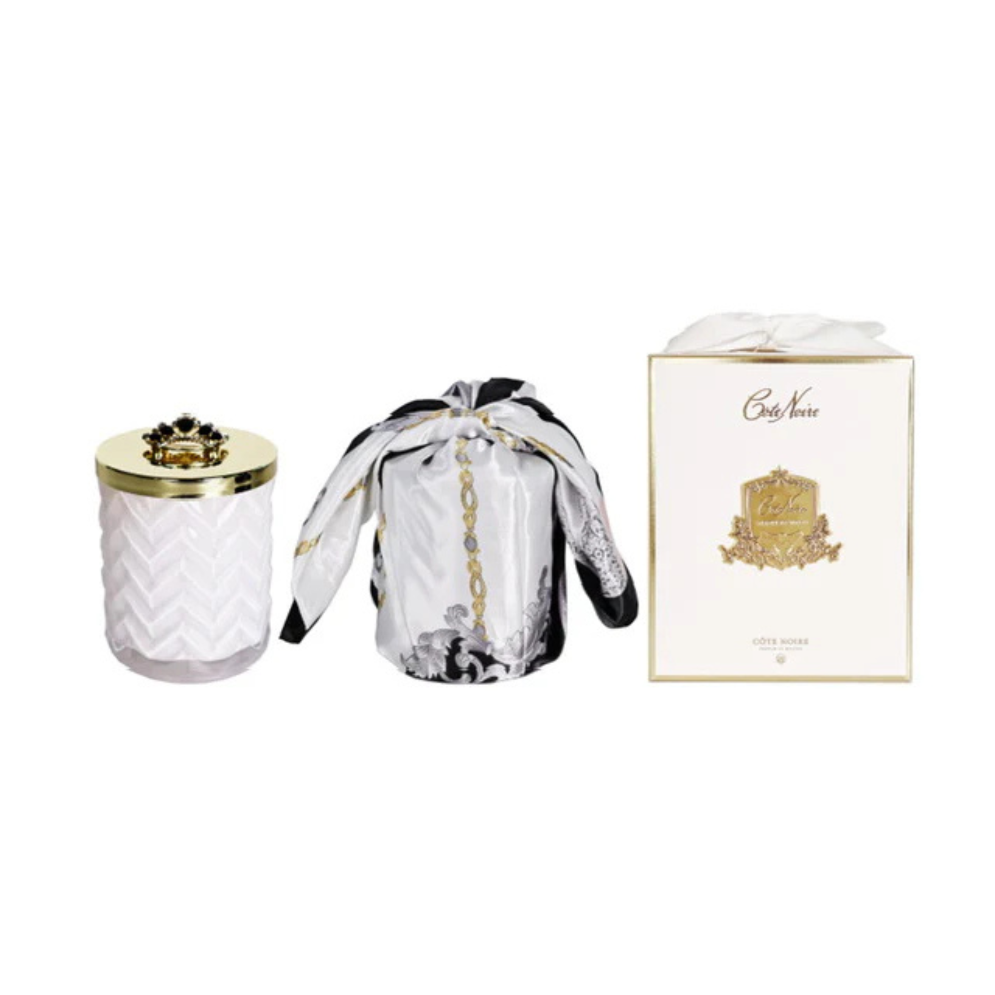 Herringbone Candle & Scarf <br>White & Gold - Prosecco <br> Crown Brooch <br>HCG32