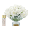 Centrepiece Square Base Vase - White Rose Buds with Gold Badge