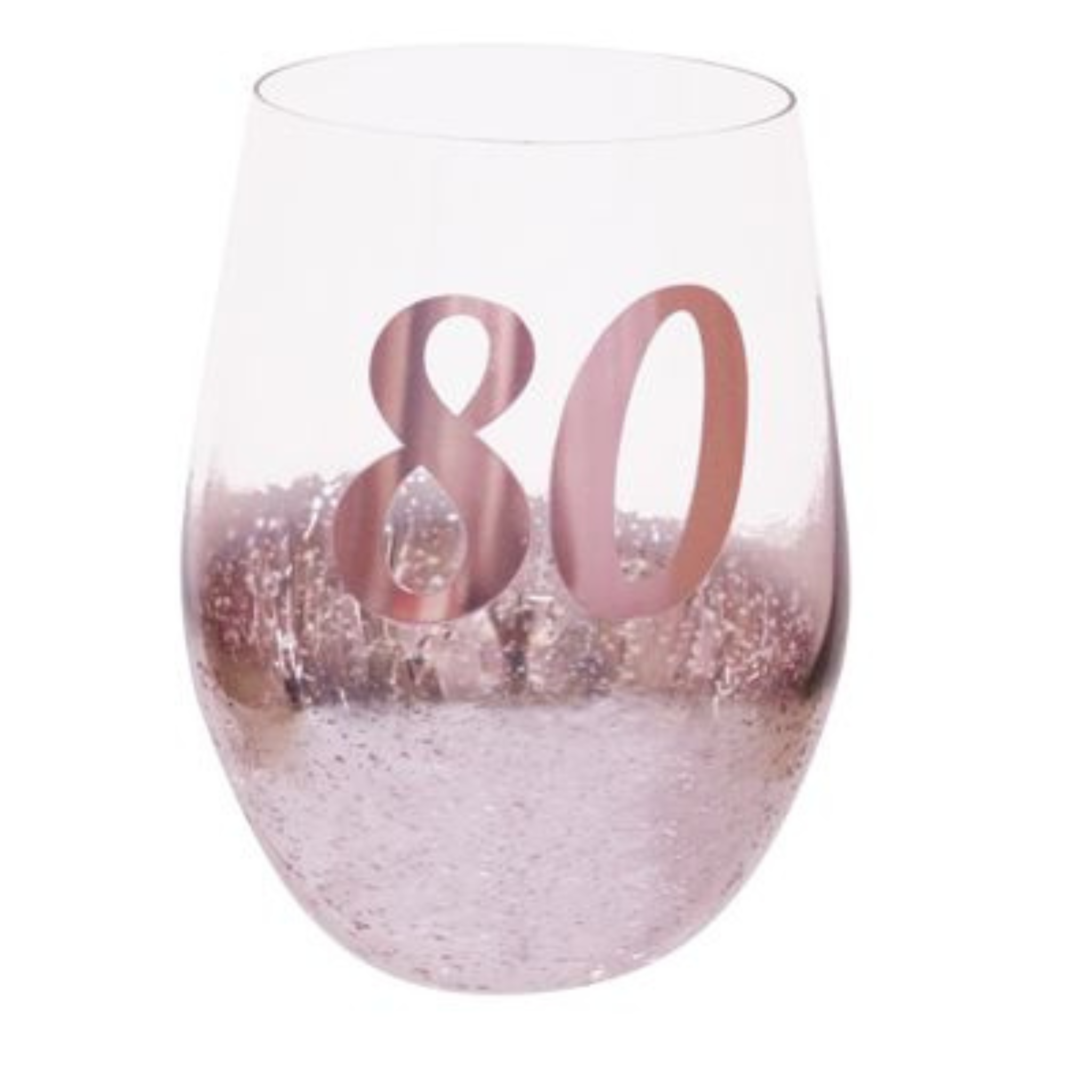 80TH BIRTHDAY <br> STEMLESS WINE GLASS <br>PINK METAGLITZ