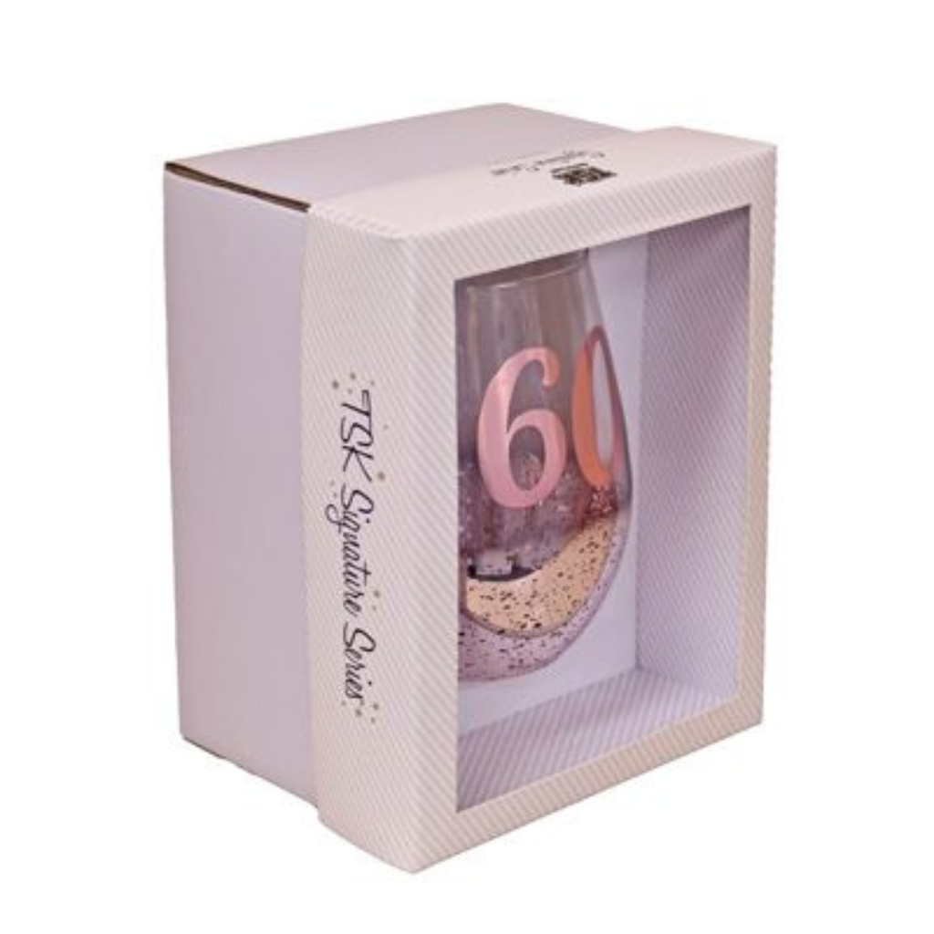 60TH BIRTHDAY <br> STEMLESS WINE GLASS <br>PINK METAGLITZ