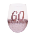 60TH BIRTHDAY <br> STEMLESS WINE GLASS <br>PINK METAGLITZ