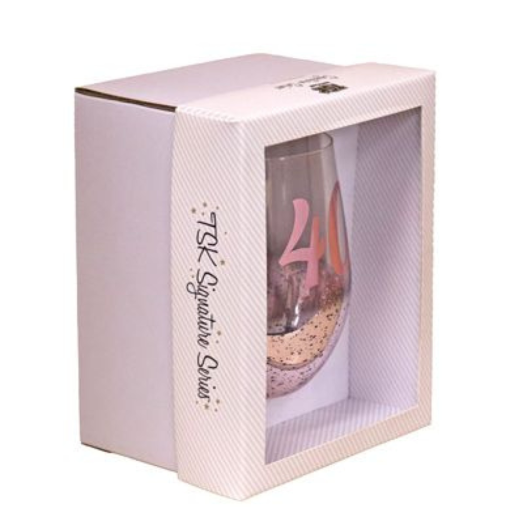 40TH BIRTHDAY <br> STEMLESS WINE GLASS <br>PINK METAGLITZ