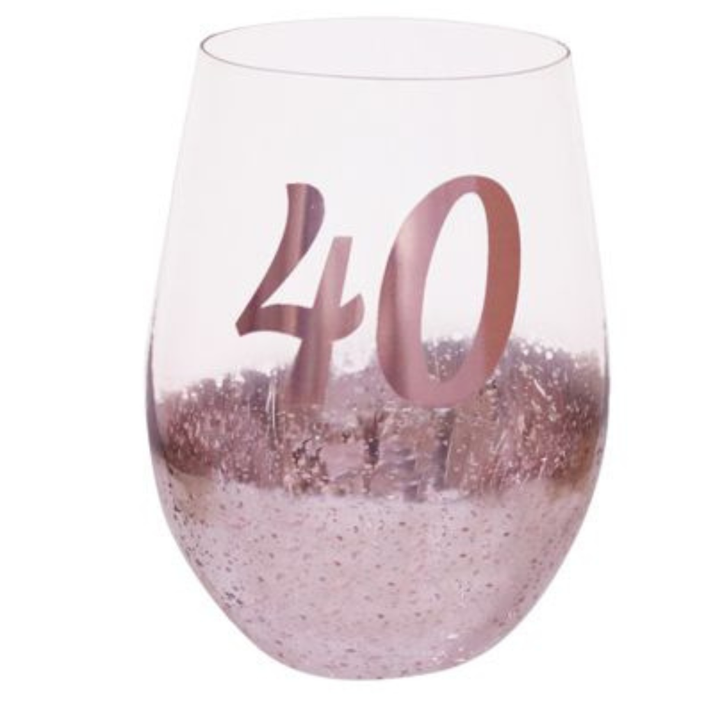 40TH BIRTHDAY <br> STEMLESS WINE GLASS <br>PINK METAGLITZ
