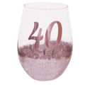40TH BIRTHDAY <br> STEMLESS WINE GLASS <br>PINK METAGLITZ