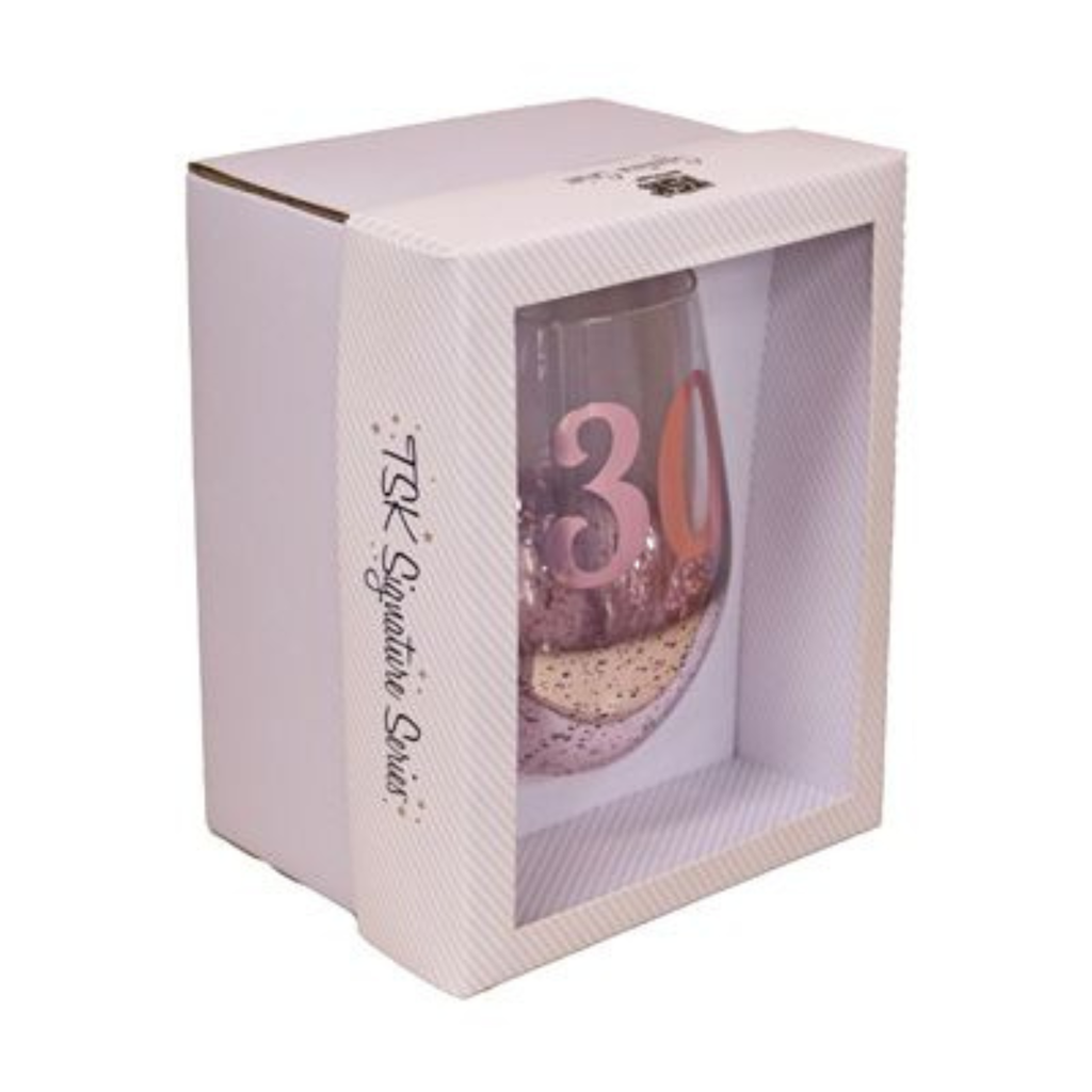 30TH BIRTHDAY <br> STEMLESS WINE GLASS <br>PINK METAGLITZ