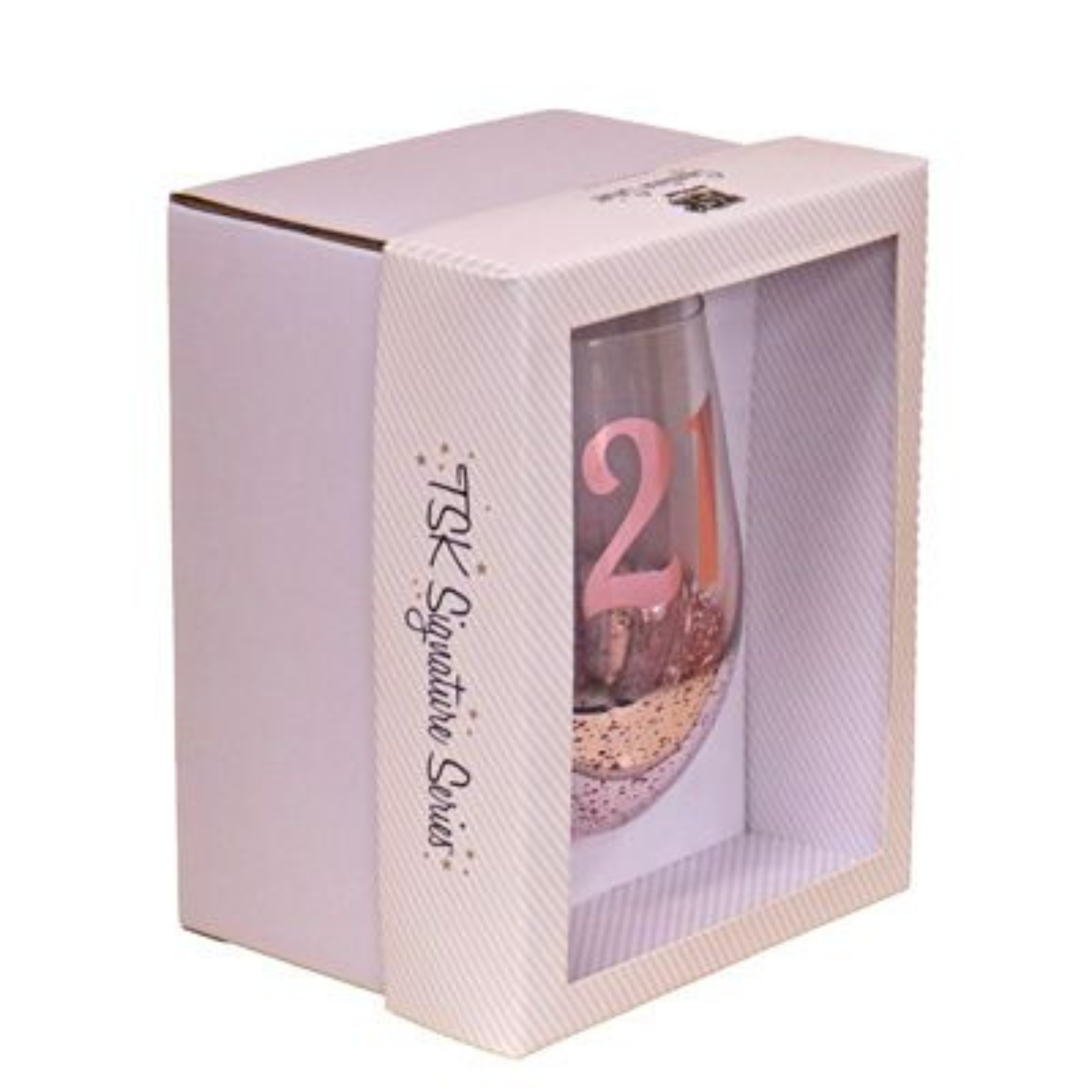 21ST BIRTHDAY <br> STEMLESS WINE GLASS <br>PINK METAGLITZ