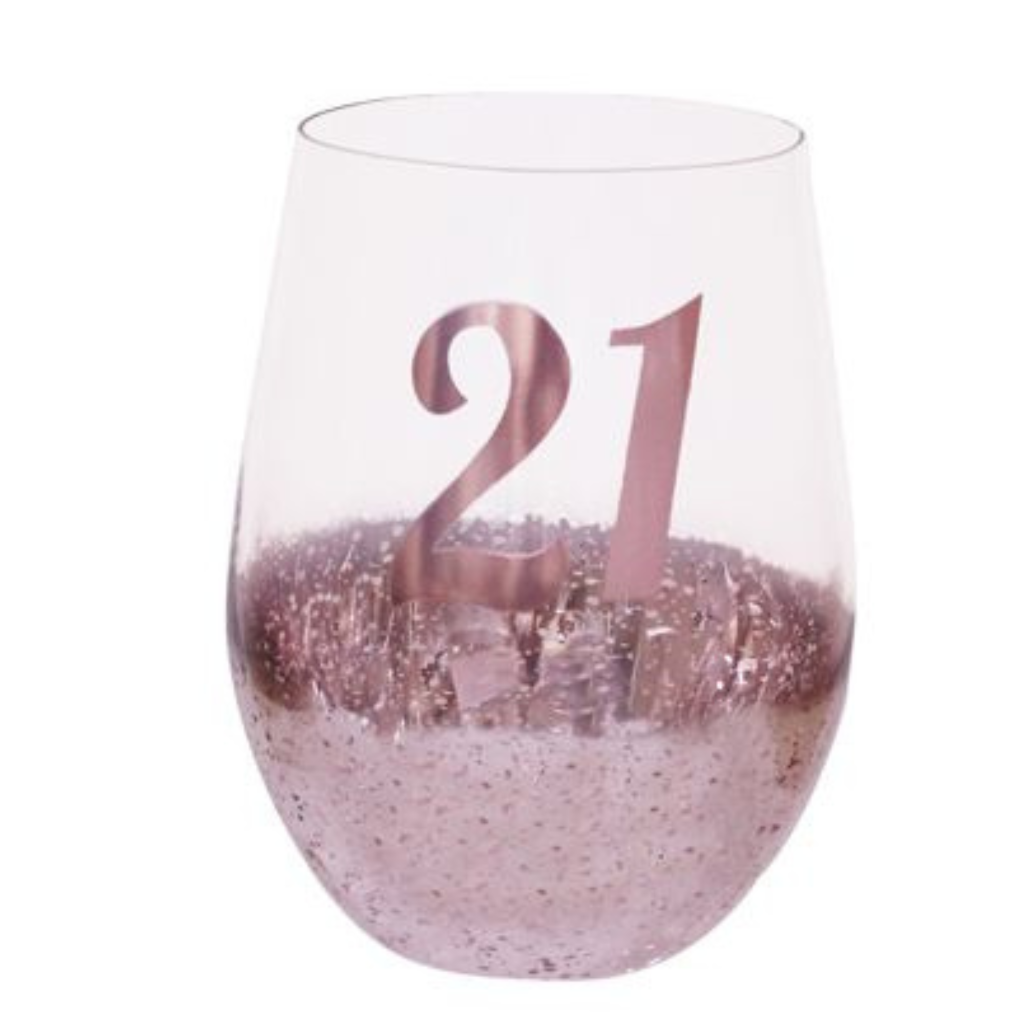21ST BIRTHDAY <br> STEMLESS WINE GLASS <br>PINK METAGLITZ