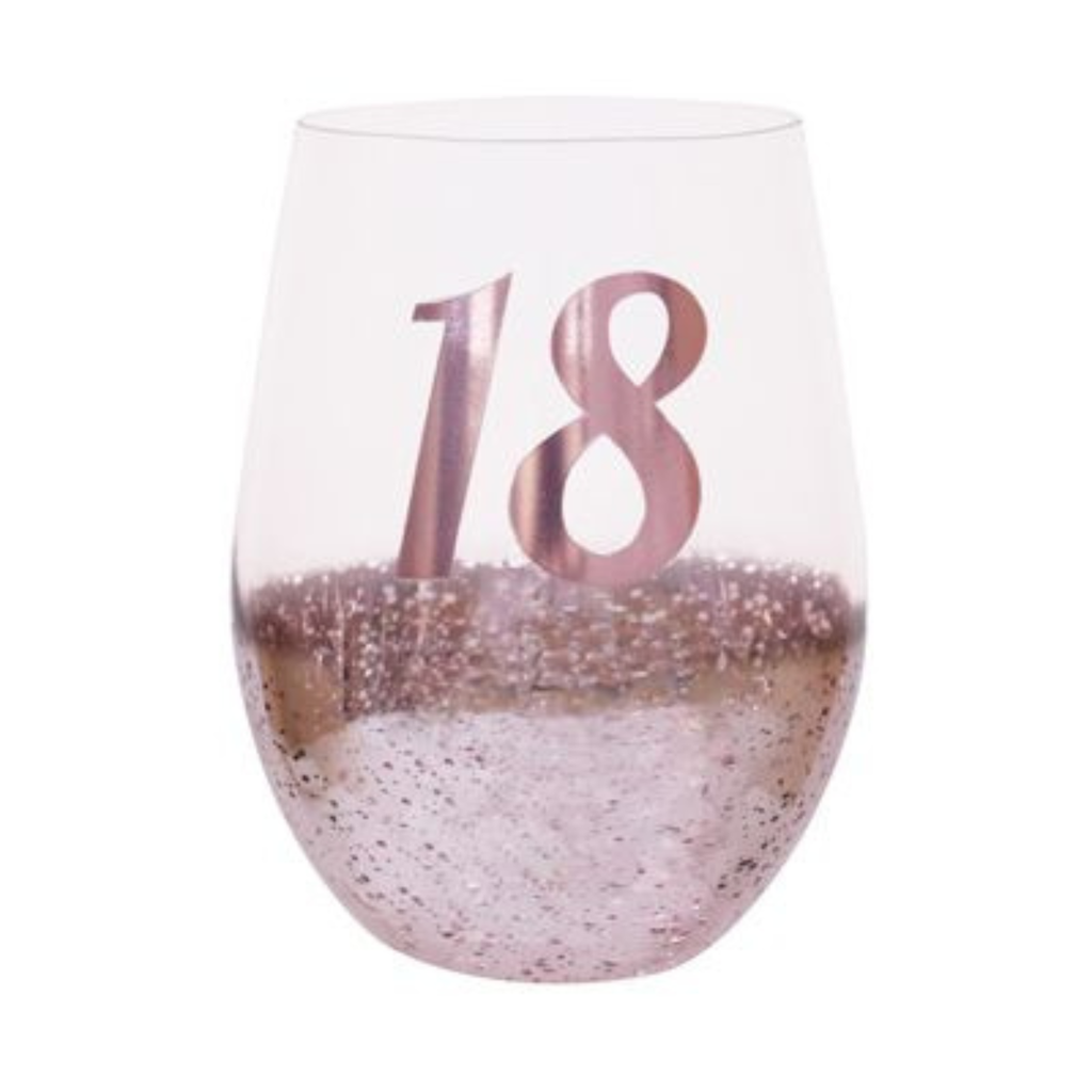 18TH BIRTHDAY <br> STEMLESS WINE GLASS <br>PINK METAGLITZ