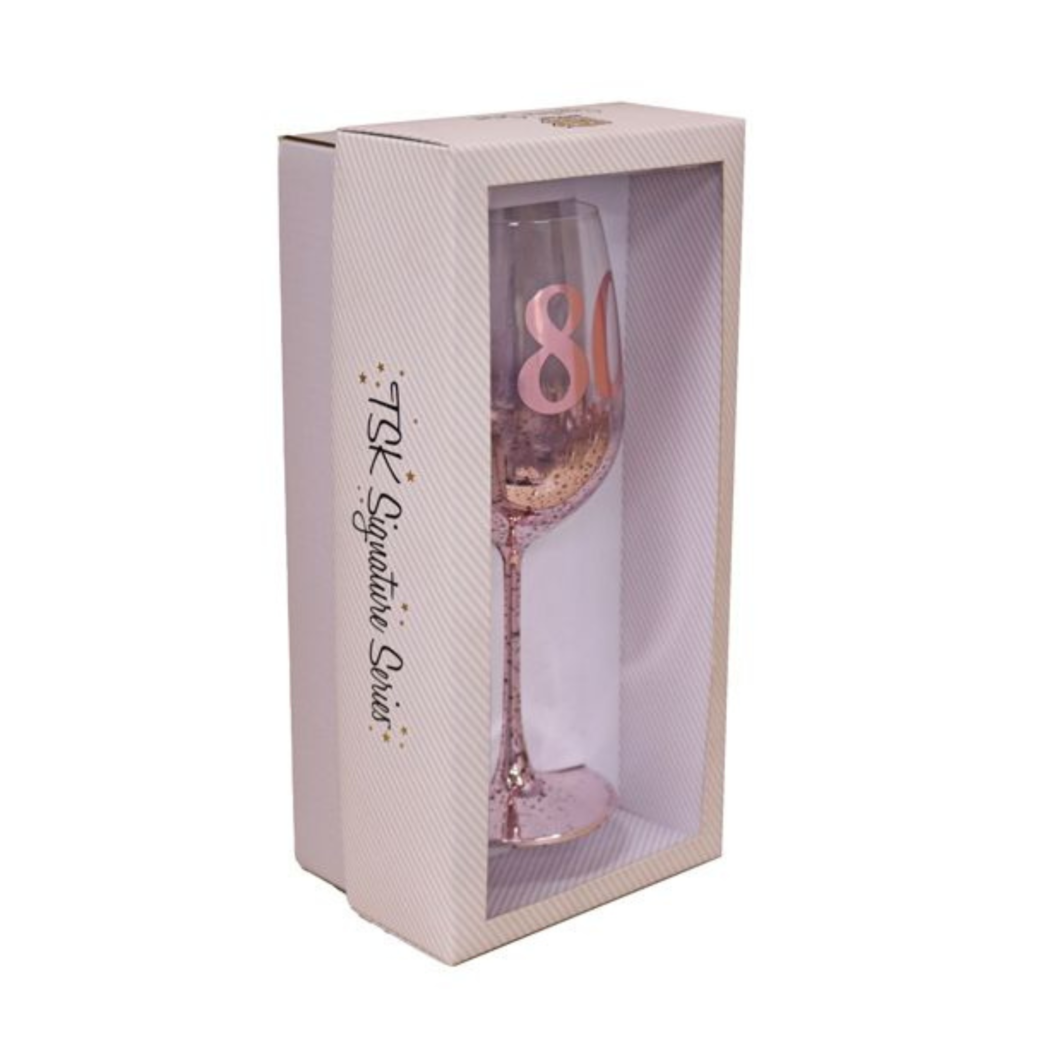 80TH BIRTHDAY <br> WINE GLASS <br> PINK METAGLITZ