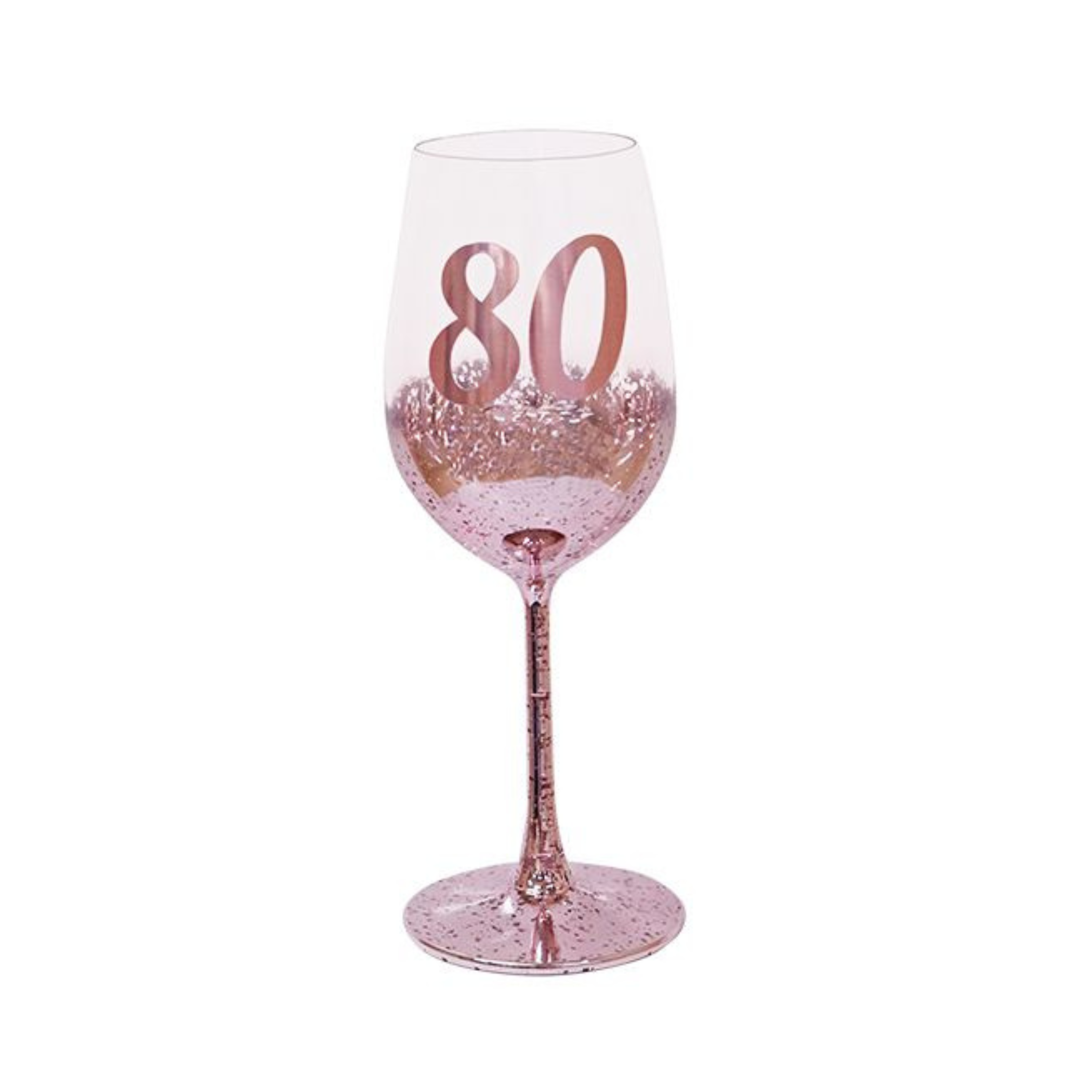 80TH BIRTHDAY <br> WINE GLASS <br> PINK METAGLITZ