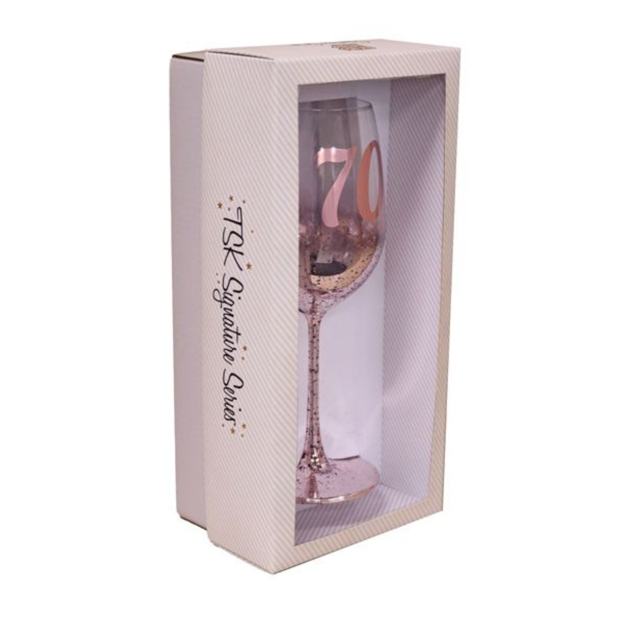 70TH BIRTHDAY <br> WINE GLASS <br> PINK METAGLITZ