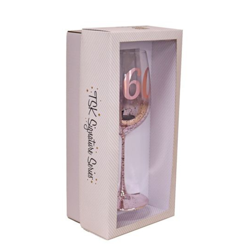 60TH BIRTHDAY <br> WINE GLASS <br> PINK METAGLITZ