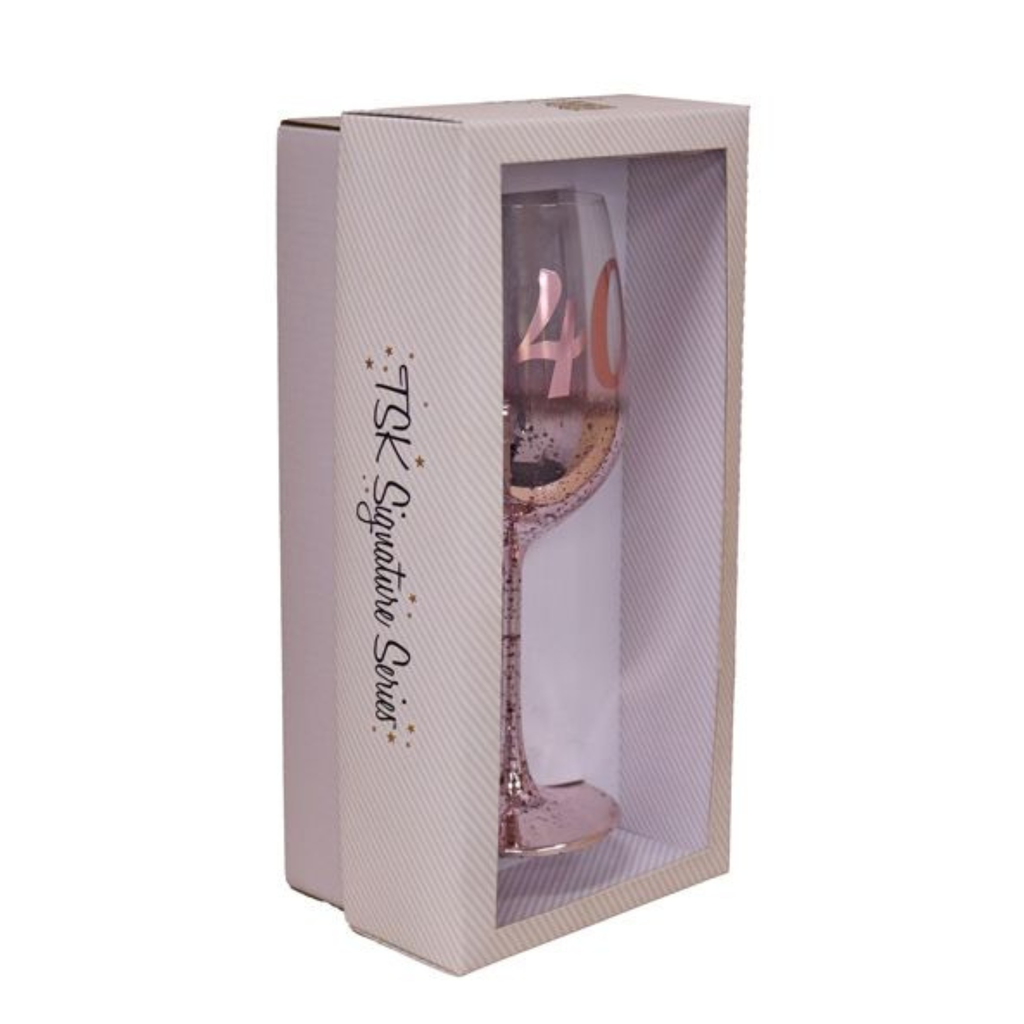 40TH BIRTHDAY <br> WINE GLASS <br> PINK METAGLITZ