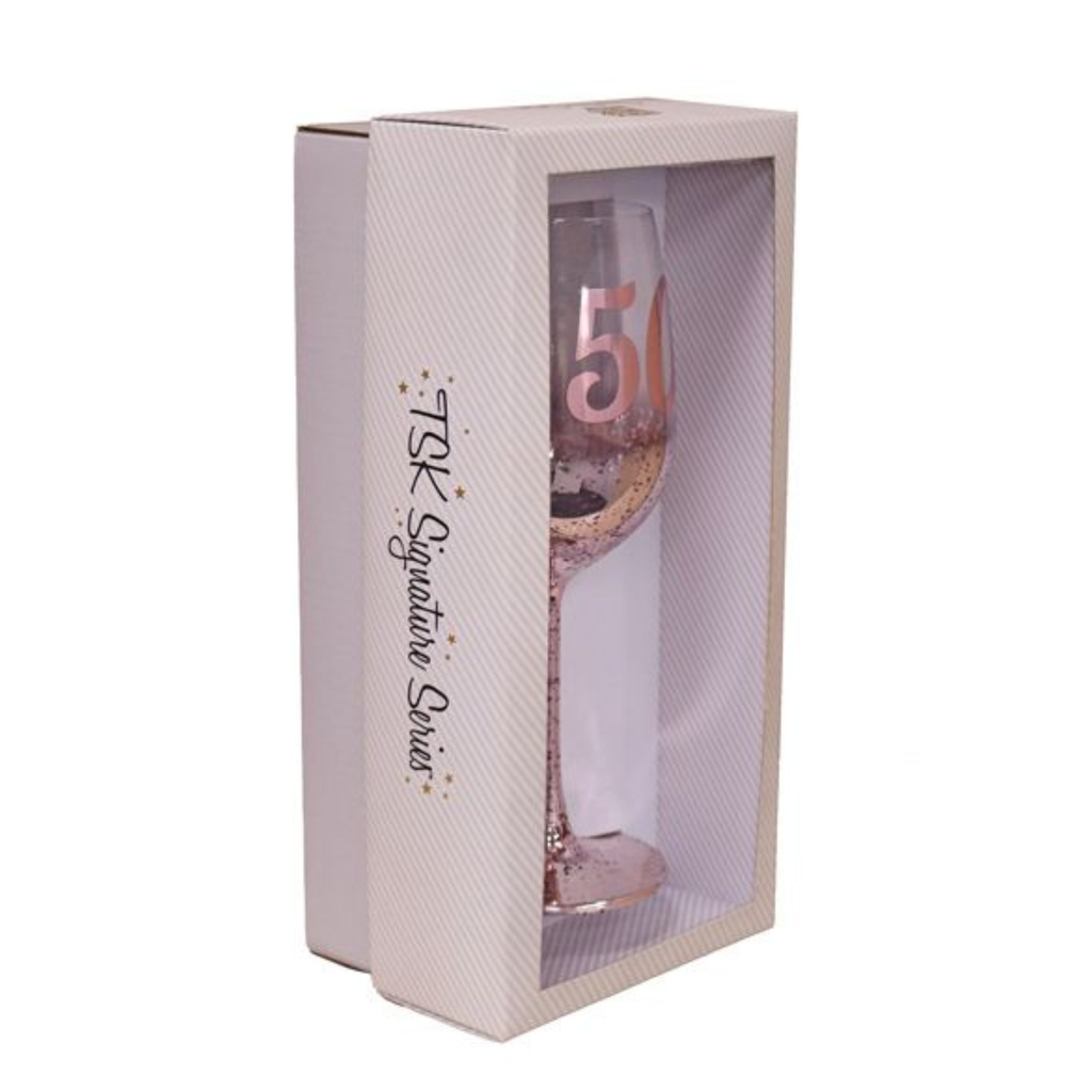 50TH BIRTHDAY <br> WINE GLASS <br> PINK METAGLITZ