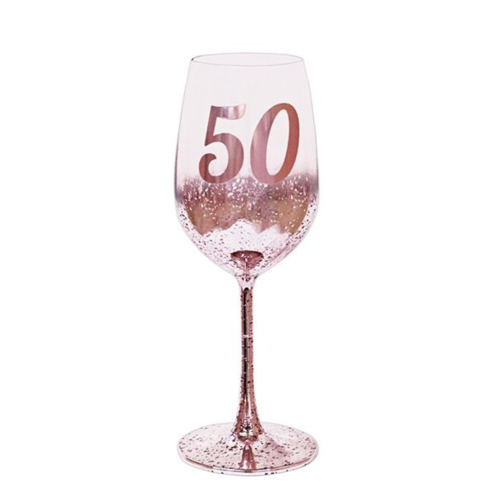 50TH BIRTHDAY <br> WINE GLASS <br> PINK METAGLITZ