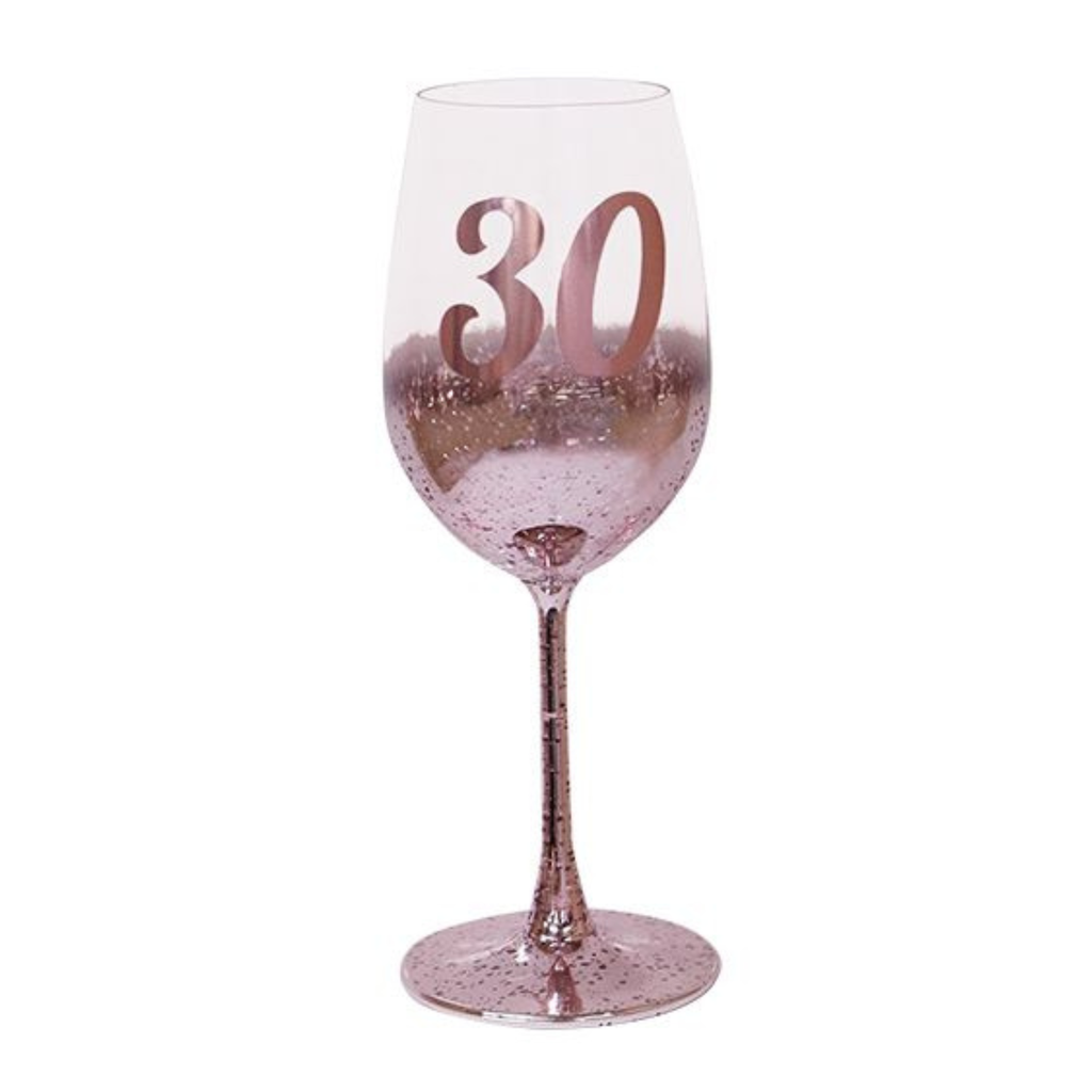 30TH BIRTHDAY <br> WINE GLASS <br> PINK METAGLITZ