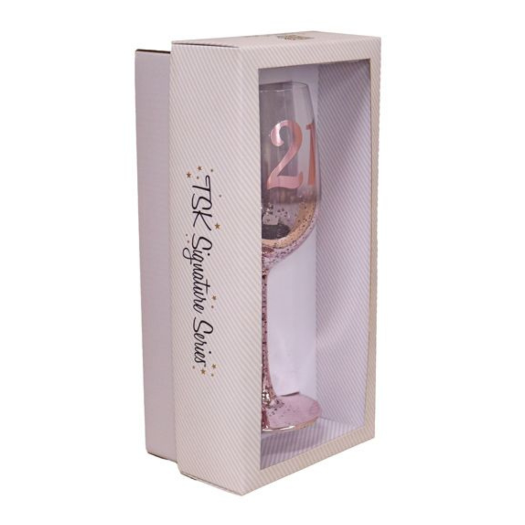 21ST BIRTHDAY <br> WINE GLASS <br> PINK METAGLITZ