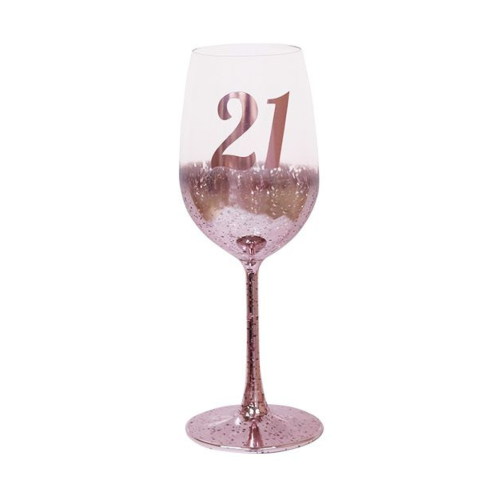 21ST BIRTHDAY <br> WINE GLASS <br> PINK METAGLITZ