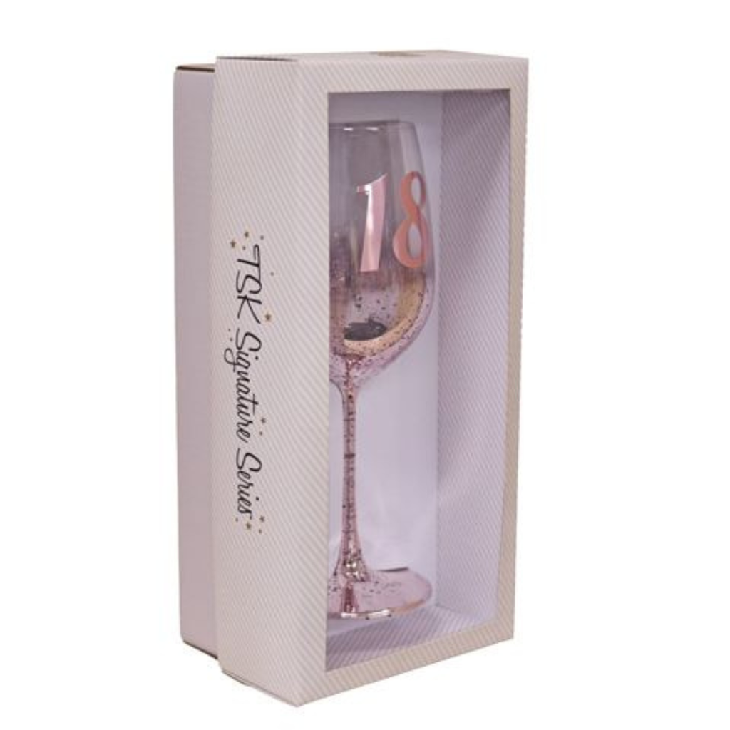 18TH BIRTHDAY <br> WINE GLASS <br> PINK METAGLITZ
