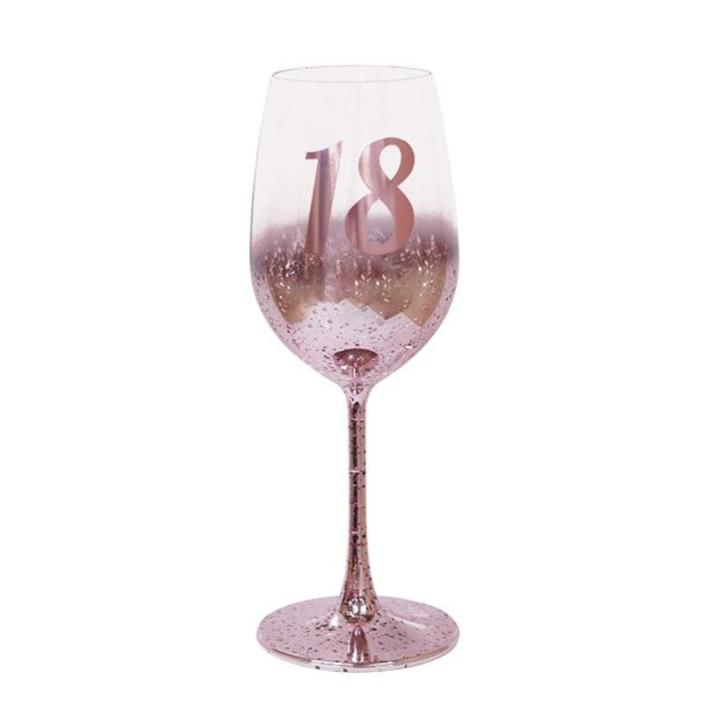 18TH BIRTHDAY <br> WINE GLASS <br> PINK METAGLITZ