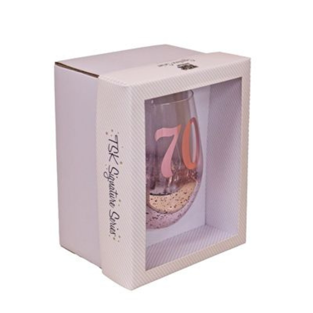 70TH BIRTHDAY <br> STEMLESS WINE GLASS <br>PINK METAGLITZ