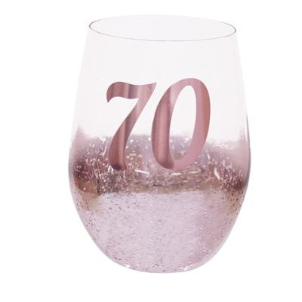 70TH BIRTHDAY <br> STEMLESS WINE GLASS <br>PINK METAGLITZ