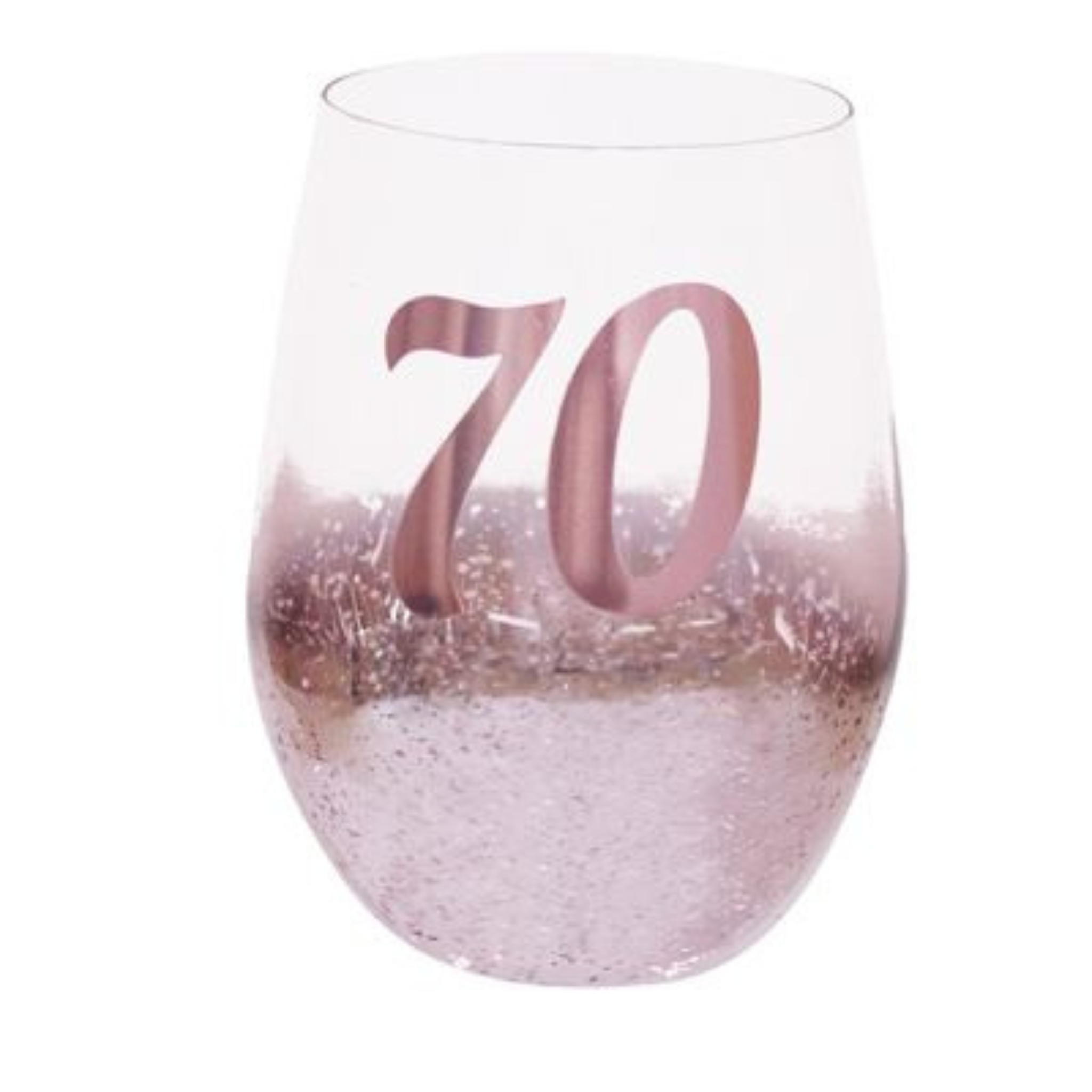 70TH BIRTHDAY <br> STEMLESS WINE GLASS <br>PINK METAGLITZ