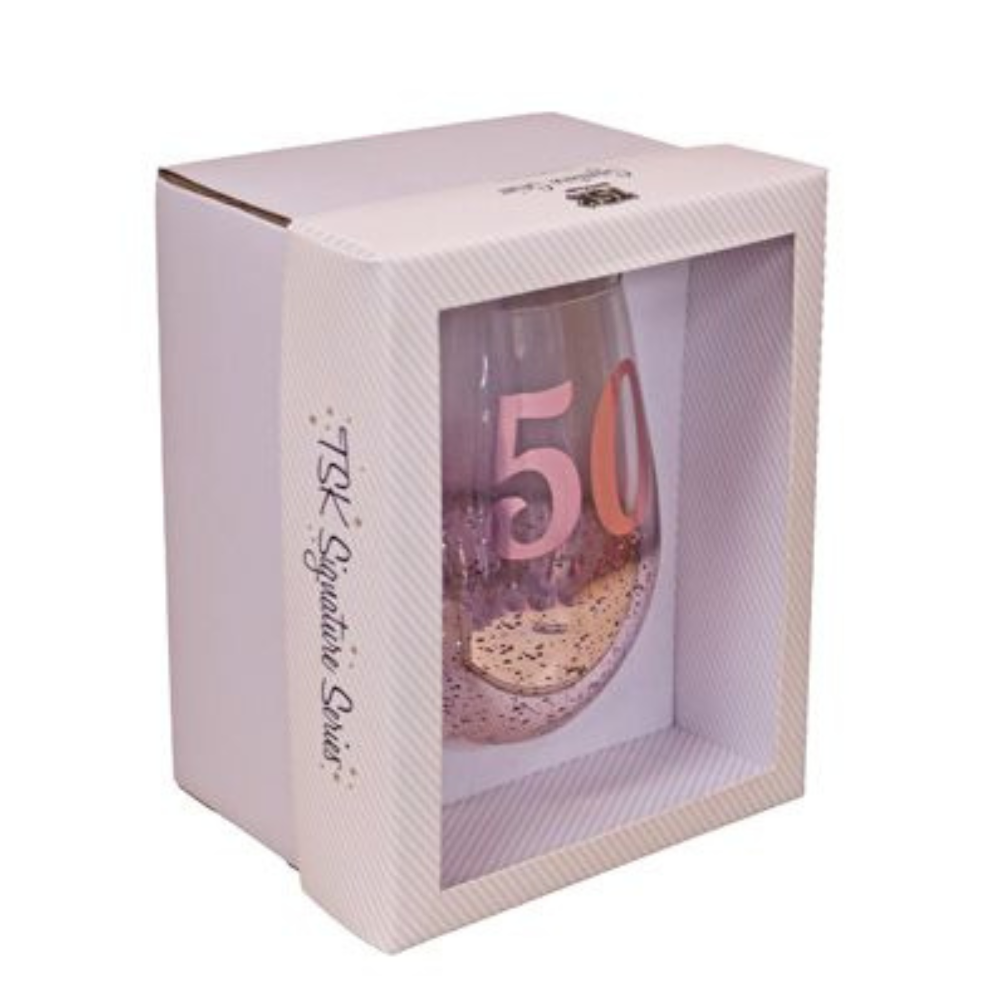 50TH BIRTHDAY <br> STEMLESS WINE GLASS <br>PINK METAGLITZ