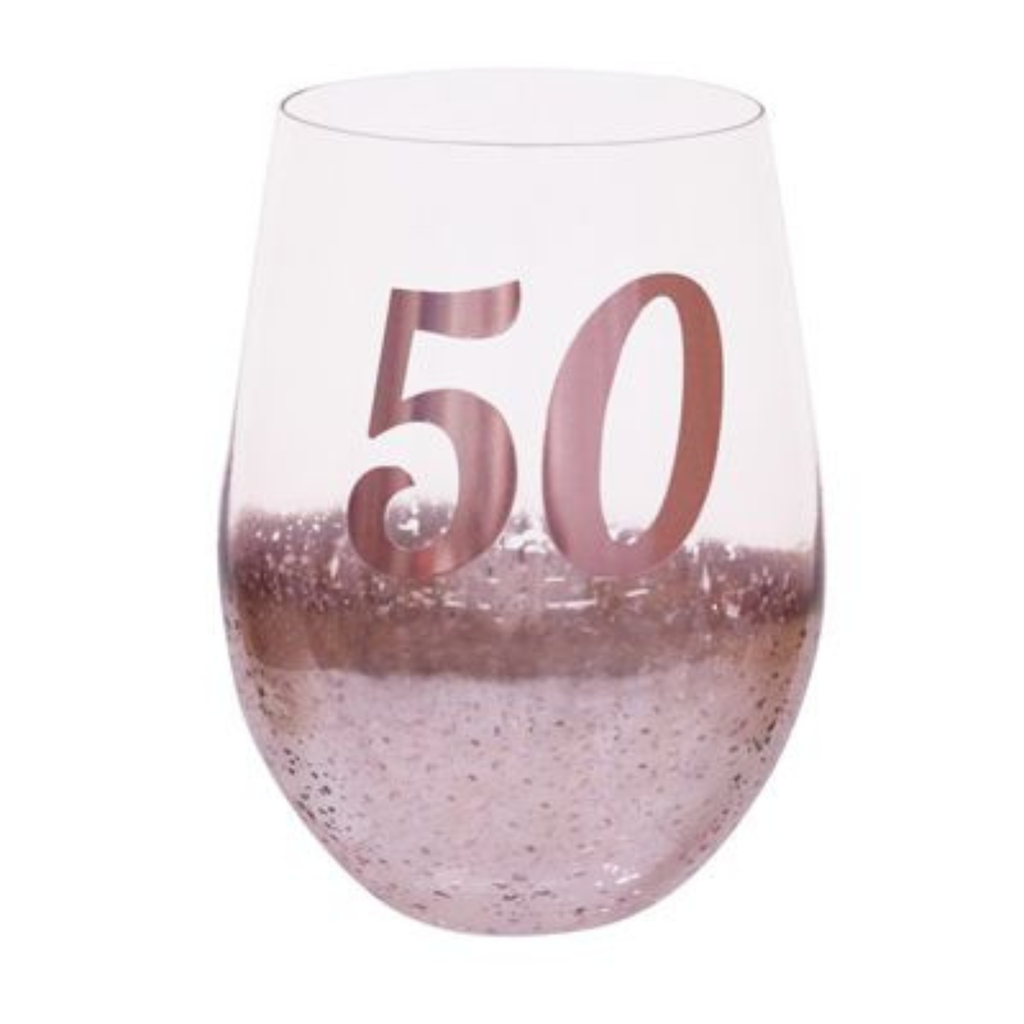 50TH BIRTHDAY <br> STEMLESS WINE GLASS <br>PINK METAGLITZ