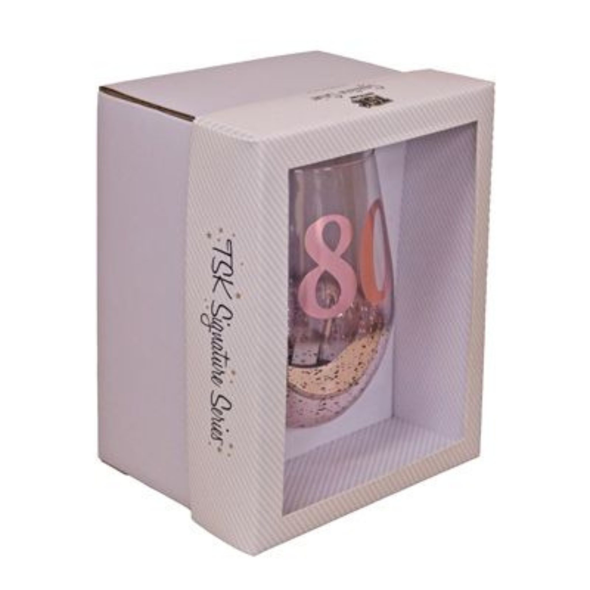 80TH BIRTHDAY <br> STEMLESS WINE GLASS <br>PINK METAGLITZ