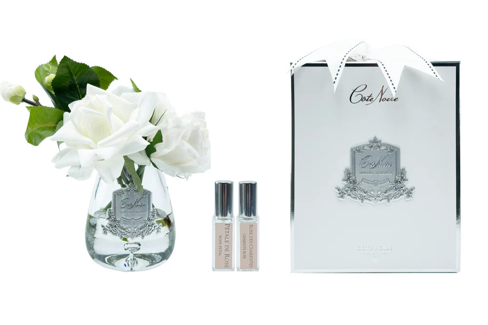 Côte Noire Tea Rose Bouquet Ivory White in clear glass