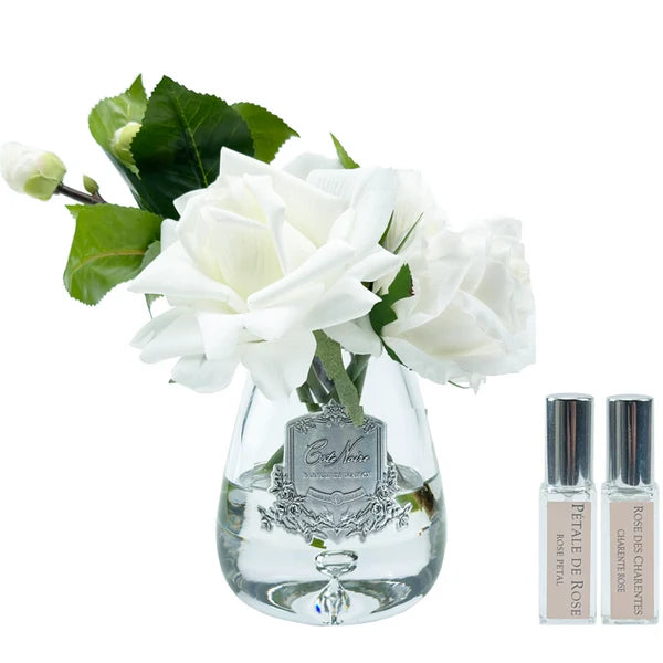 Côte Noire Tea Rose Bouquet Ivory White in clear glass