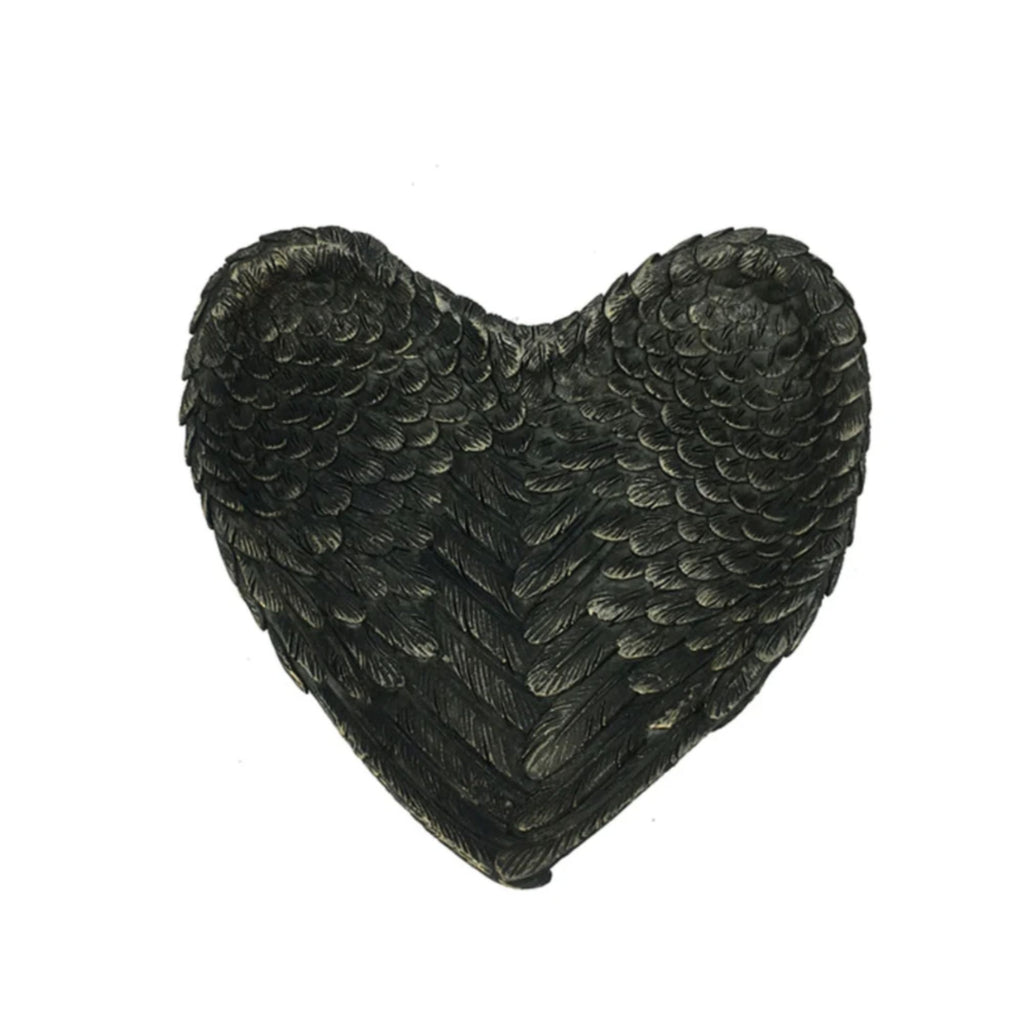 Heart shaped resin dish with angel wings, jewellery holder