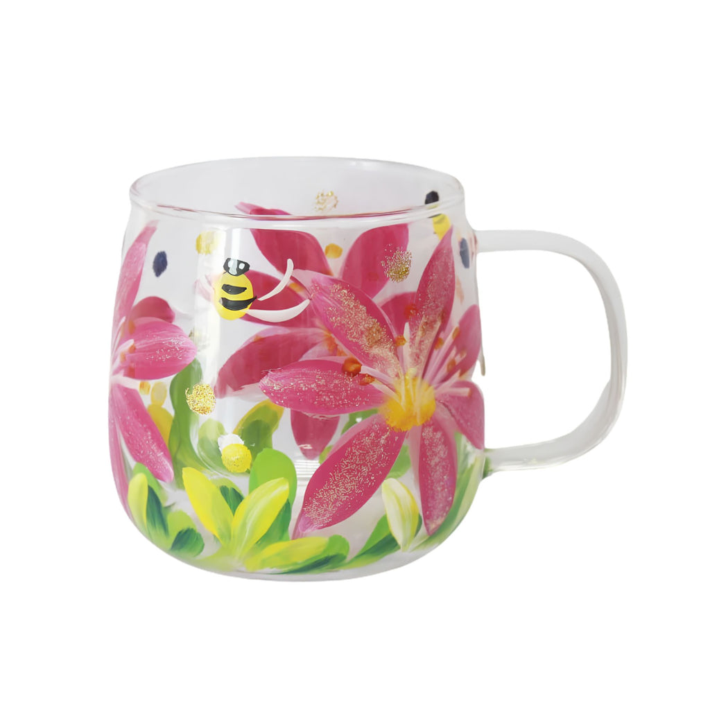 Pink flower art glass mug