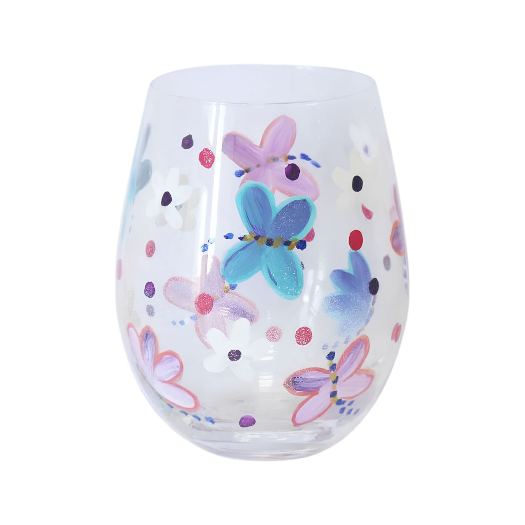 Blue floral art glass stemless mug