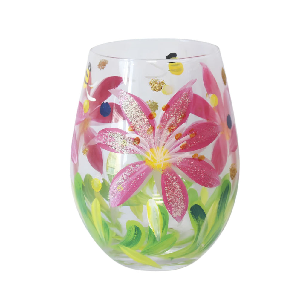Pink flower art glass stemless mug