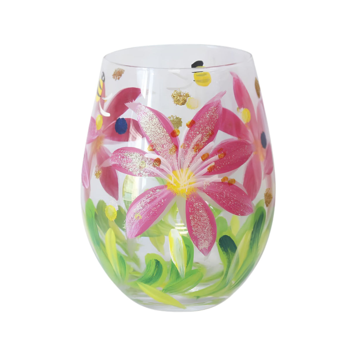 Pink flower art glass stemless mug