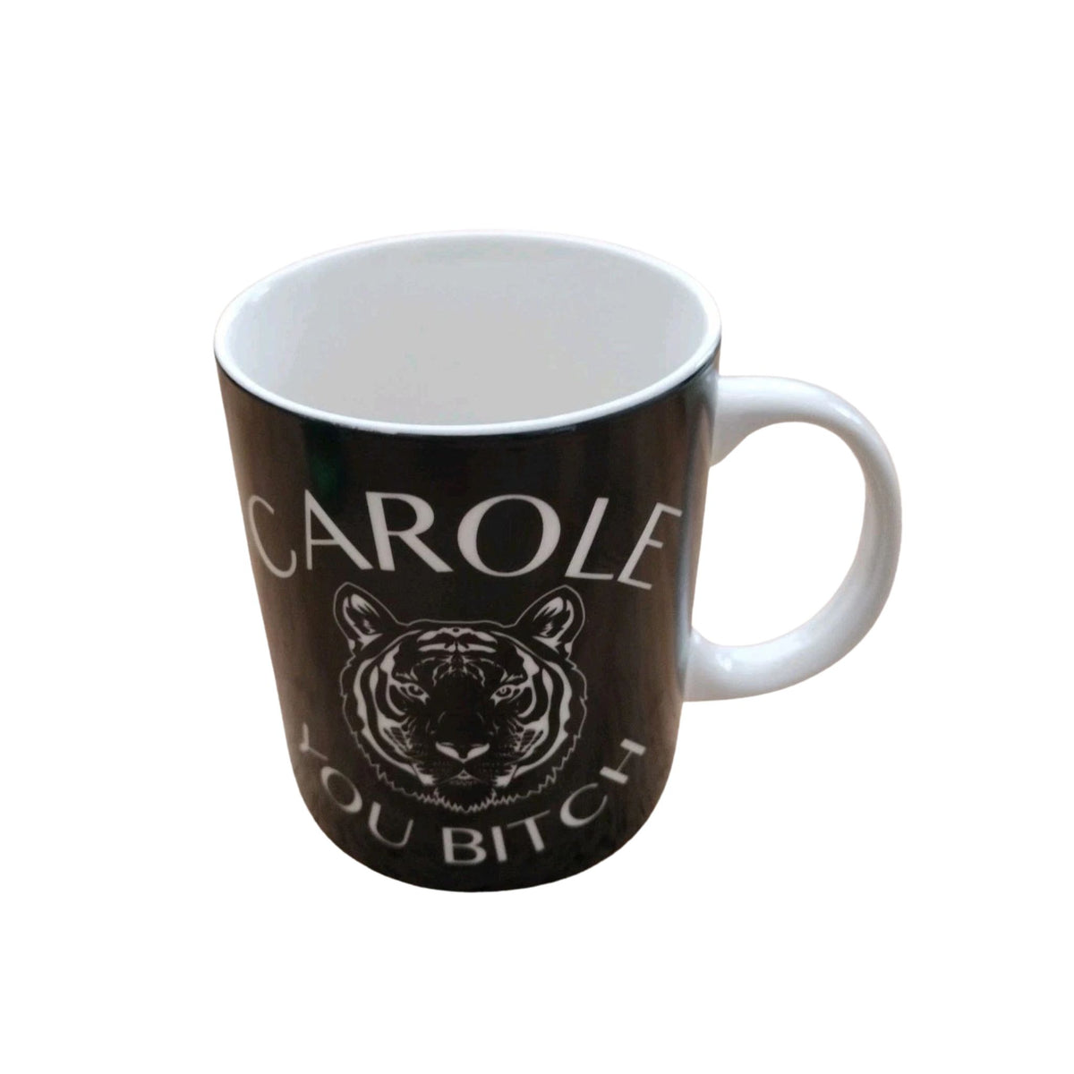 Tiger King themed ceramic coffee mug, black with white tiger graphic
