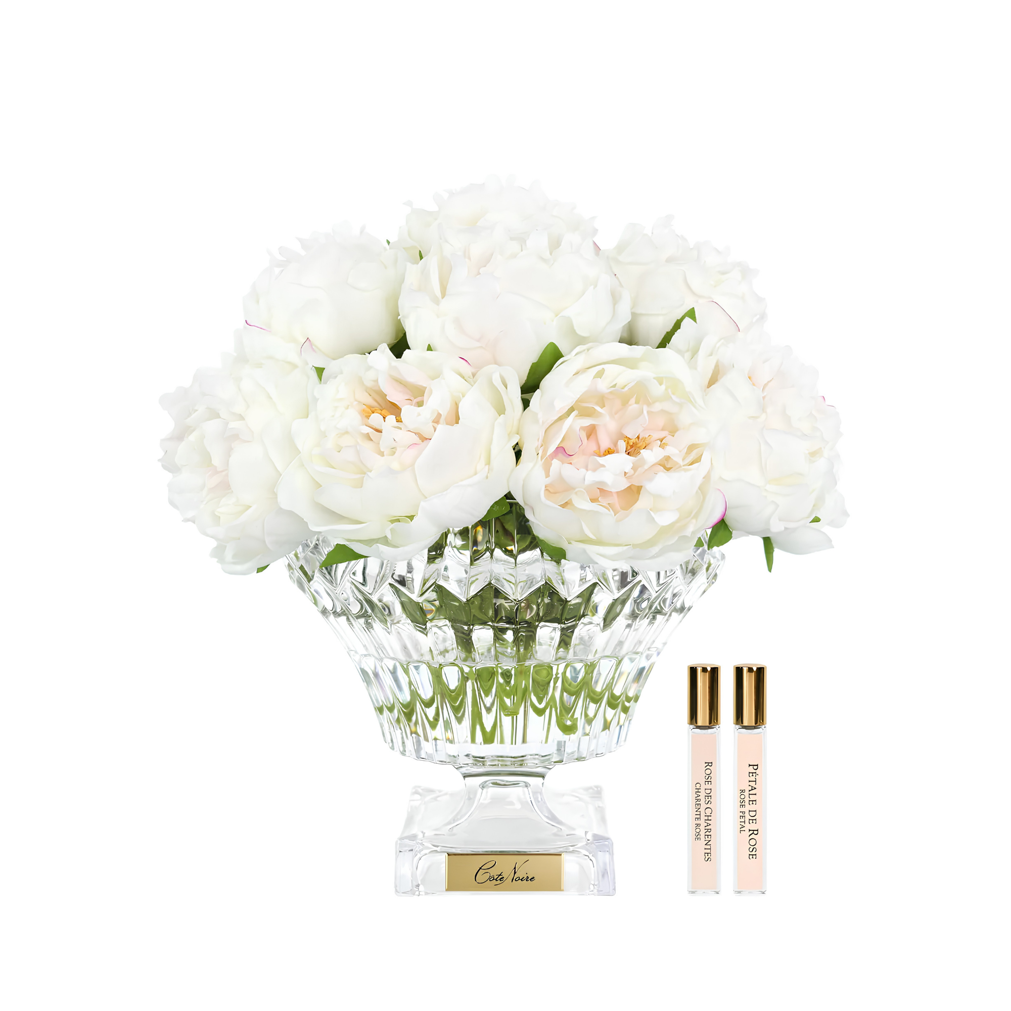 Côte Noire Blush Bordeaux Peonies Bouquet in luxury vase with gold badge