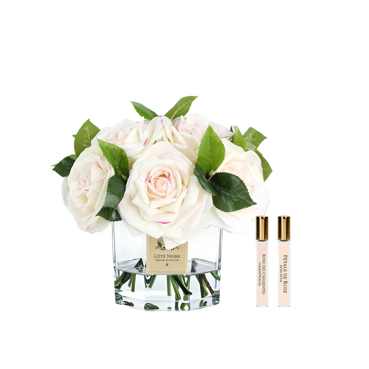 Côte Noire Blush Classic Tea Rose Bouquet in luxury vase with gold badge
