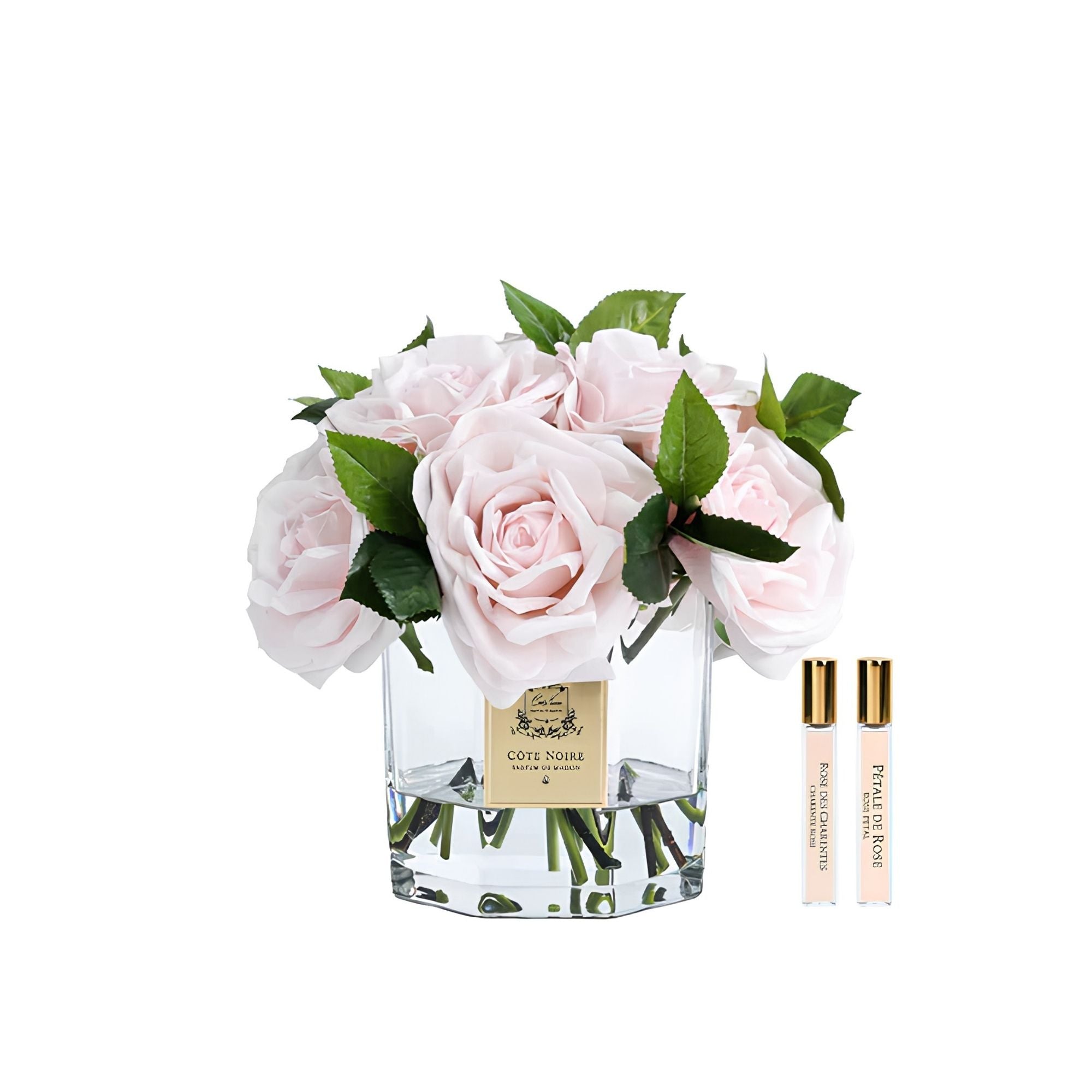 Côte Noire French Pink Classic Tea Rose Bouquet in luxury vase with gold badge