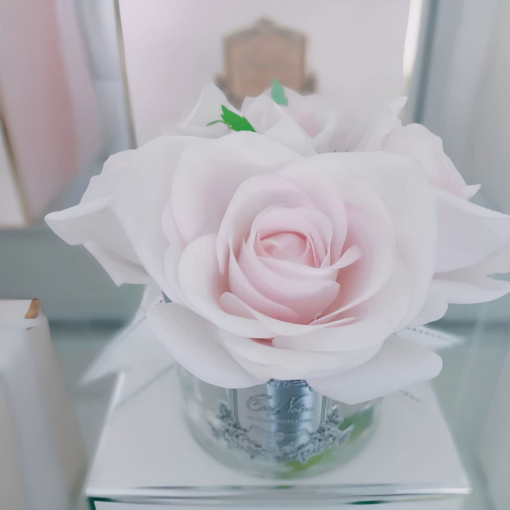 Close-up of Côte Noire French Pink Five Roses petals in gel with silver badge detail