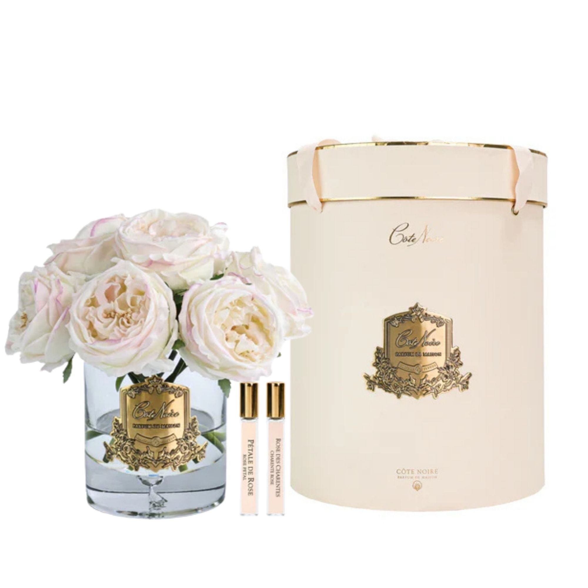 Côte Noire Blush Garden Rose Bouquet in luxury vase with gold badge